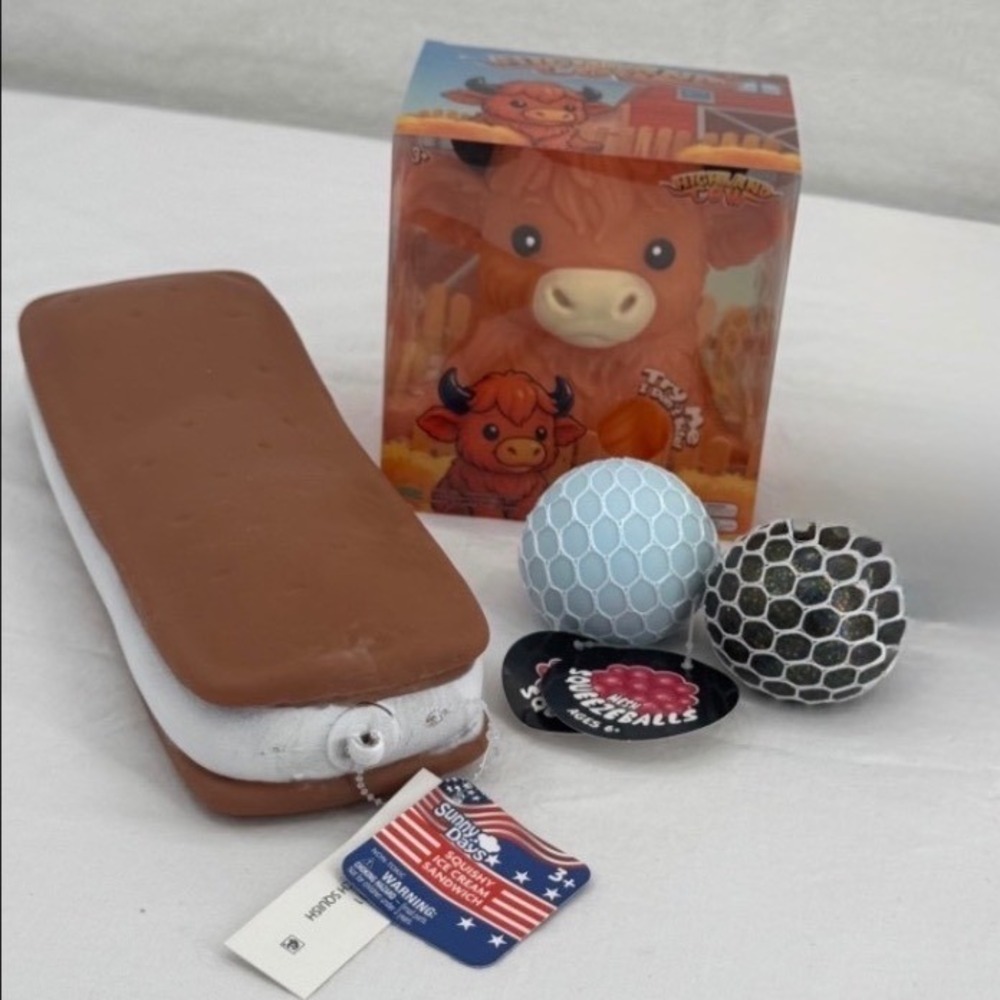 NEW Squishy toy lot- Highland Cow, Squeeze Balls & Ice Cream Sandwich Sunny Days
